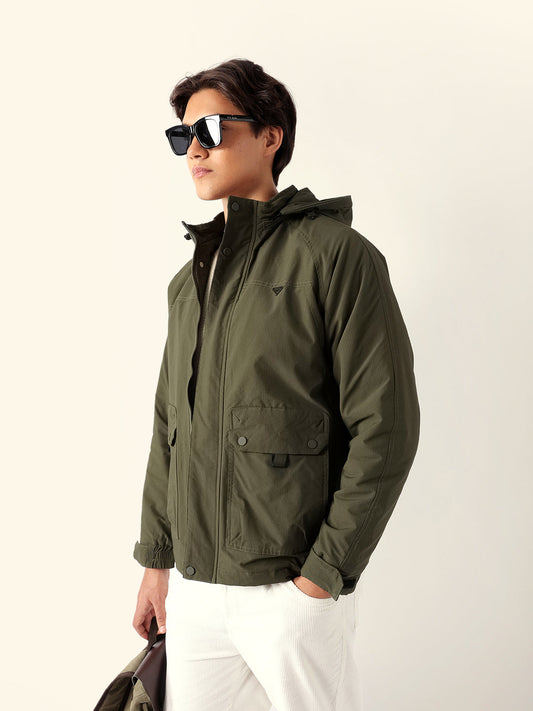 Olive Regular Fit Utility Jacket with Detachable Hood, Raglan Sleeves & Multi-Pockets