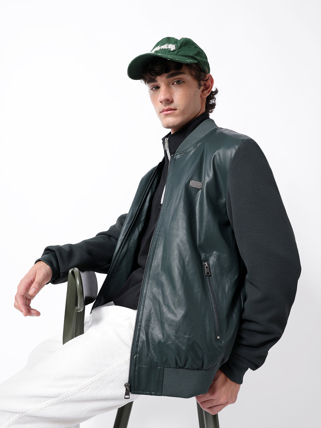 Dark Green Regular Fit Bomber Jacket with Ribbed Mock Neck & Waffle-Textured Sleeves