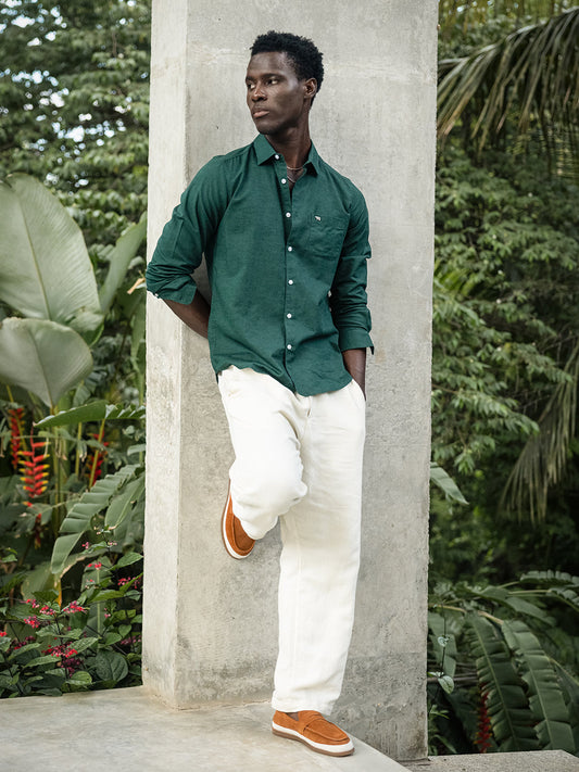 Green Cotton Linen Slim Fit Solid Casual Shirt