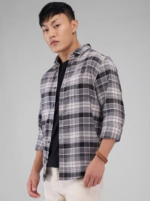 Men's Grey Checked Casual Cotton Shirt