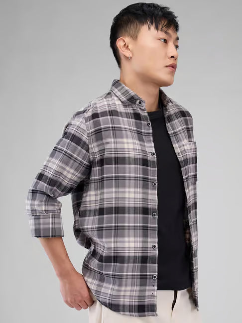 Men's Grey Checked Casual Cotton Shirt