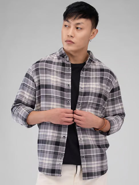 Men's Grey Checked Casual Cotton Shirt