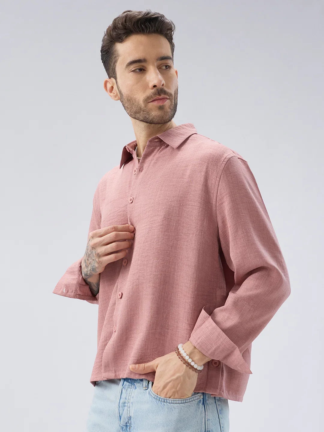 Rose Pink Slub Textured Side-Slit Button Oversized Crop Shirt