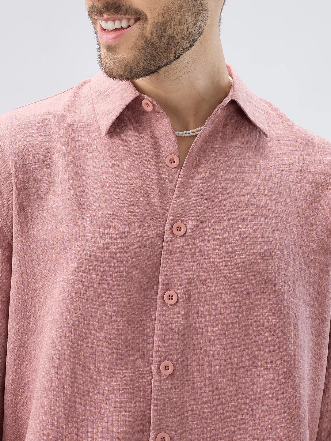 Rose Pink Slub Textured Side-Slit Button Oversized Crop Shirt