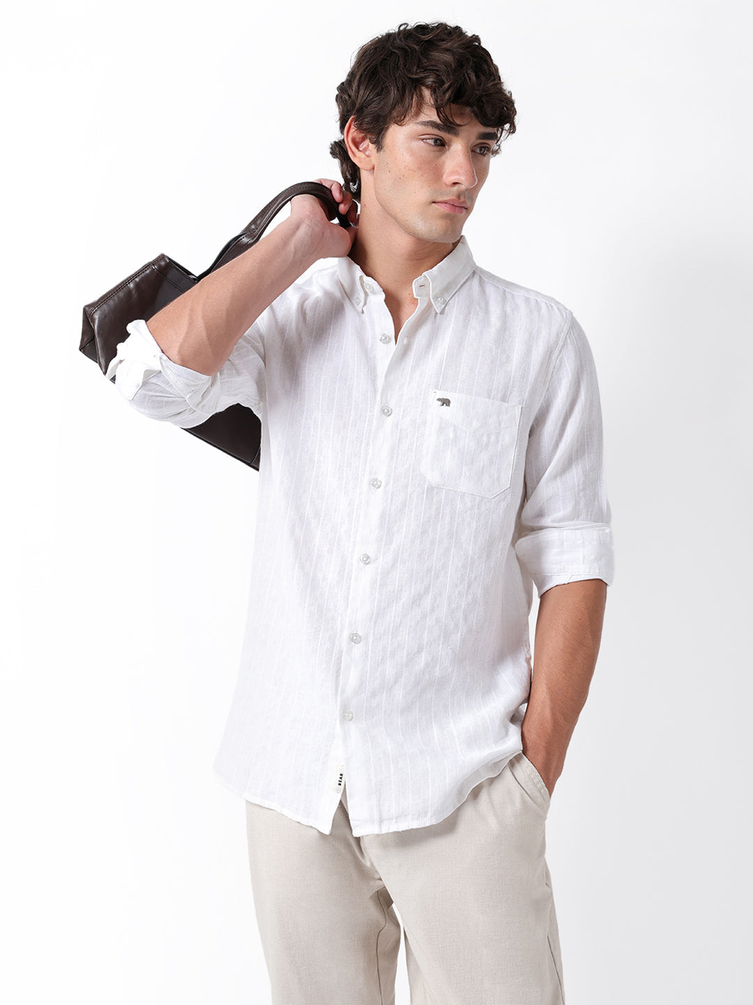 White Woven Vertical Striped Slim Fit Casual Shirt