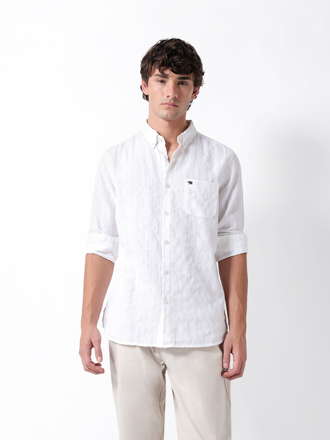 White Woven Vertical Striped Slim Fit Casual Shirt