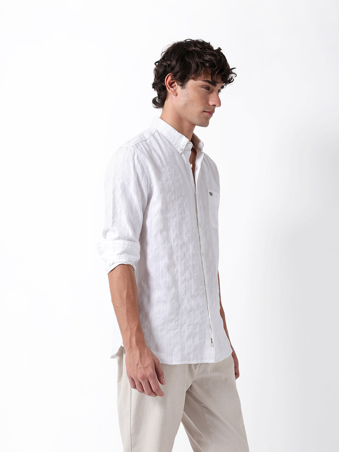 White Woven Vertical Striped Slim Fit Casual Shirt