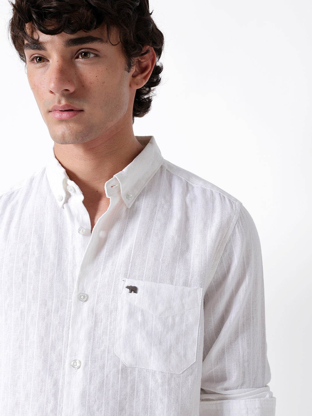 White Woven Vertical Striped Slim Fit Casual Shirt