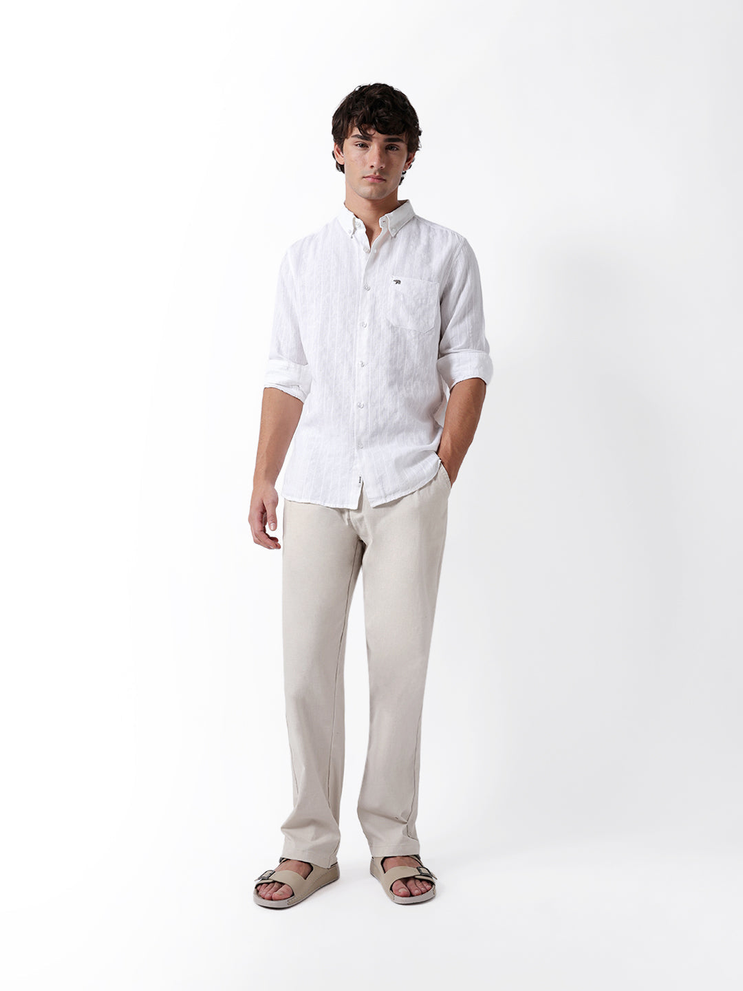 White Woven Vertical Striped Slim Fit Casual Shirt
