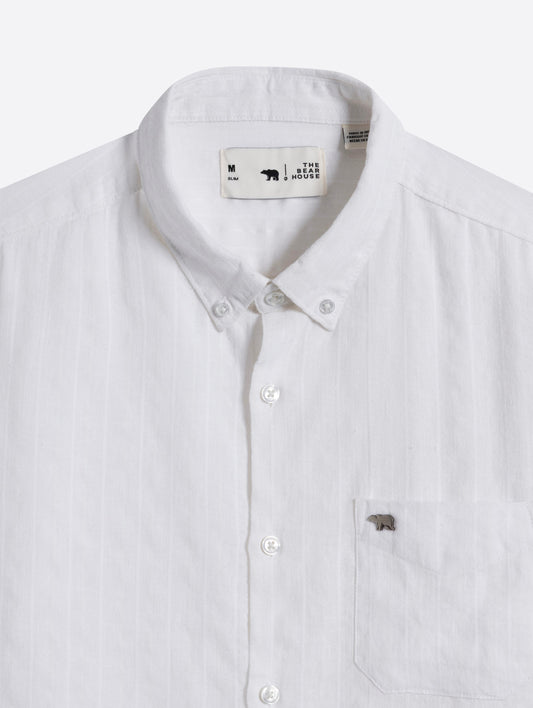 White Woven Vertical Striped Slim Fit Casual Shirt
