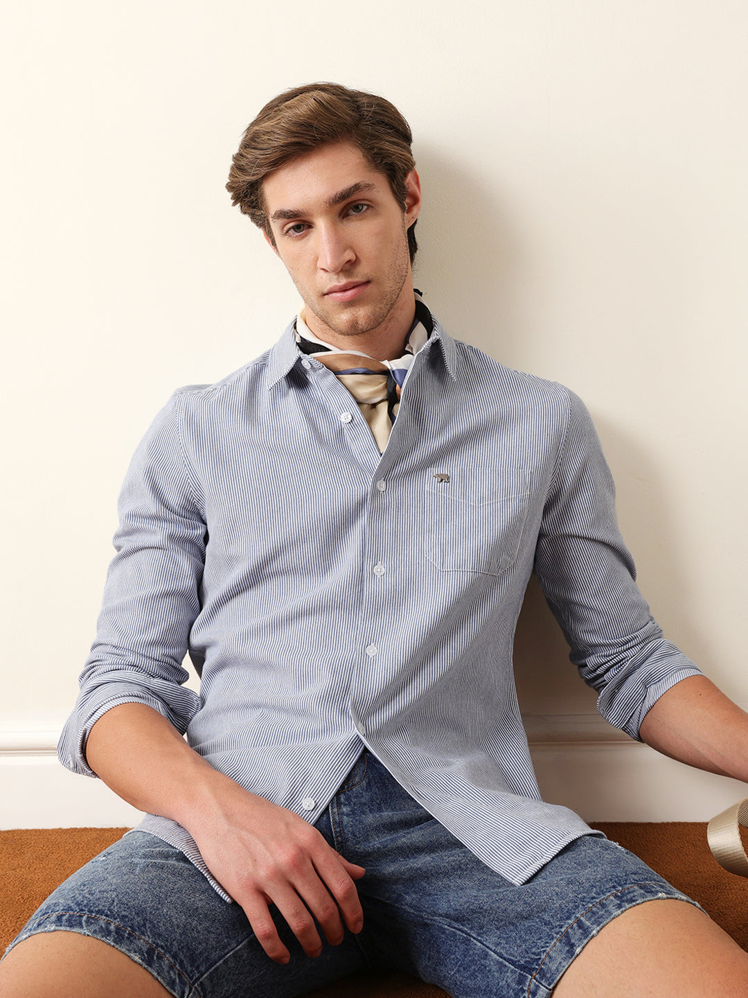 Blue & White Vertical Woven Pinstriped Slim Fit Casual Shirt