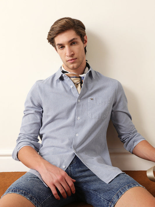 Blue & White Vertical Woven Pinstriped Slim Fit Casual Shirt