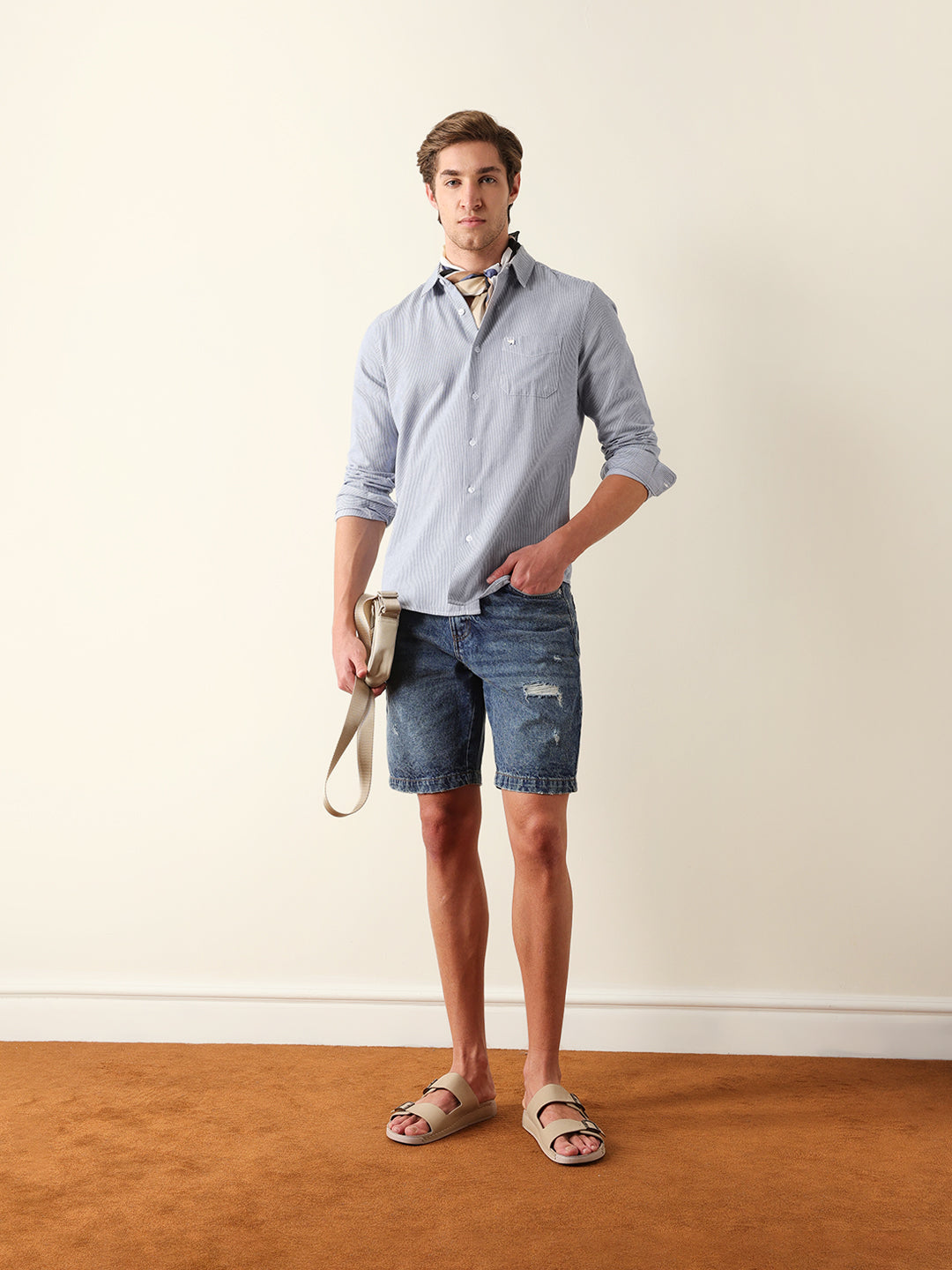 Blue & White Vertical Woven Pinstriped Slim Fit Casual Shirt
