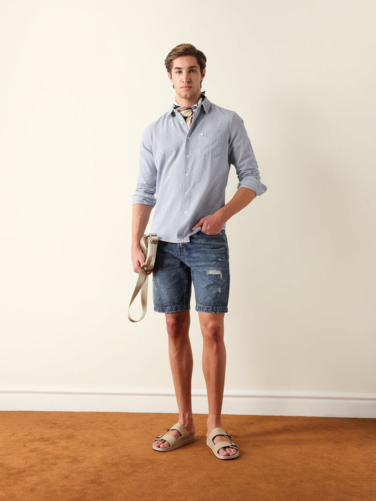 Blue & White Vertical Woven Pinstriped Slim Fit Casual Shirt
