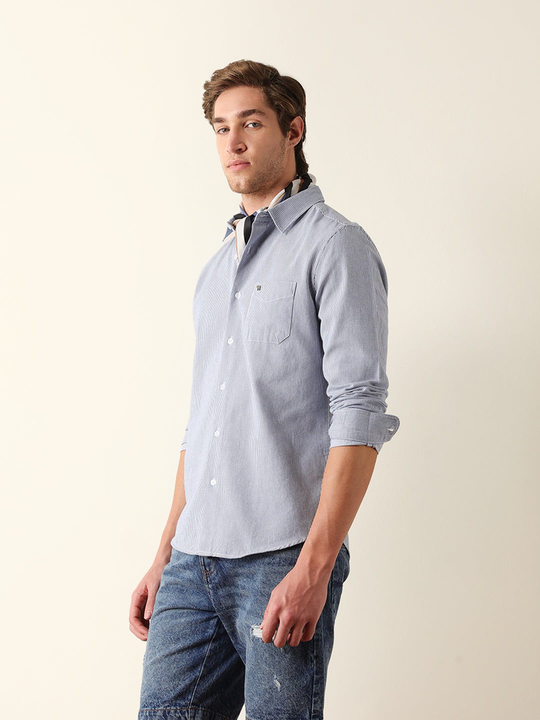 Blue & White Vertical Woven Pinstriped Slim Fit Casual Shirt