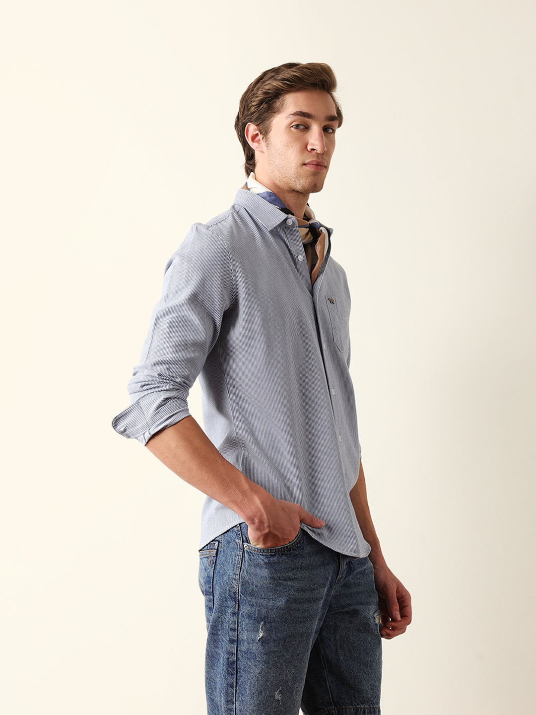 Blue & White Vertical Woven Pinstriped Slim Fit Casual Shirt