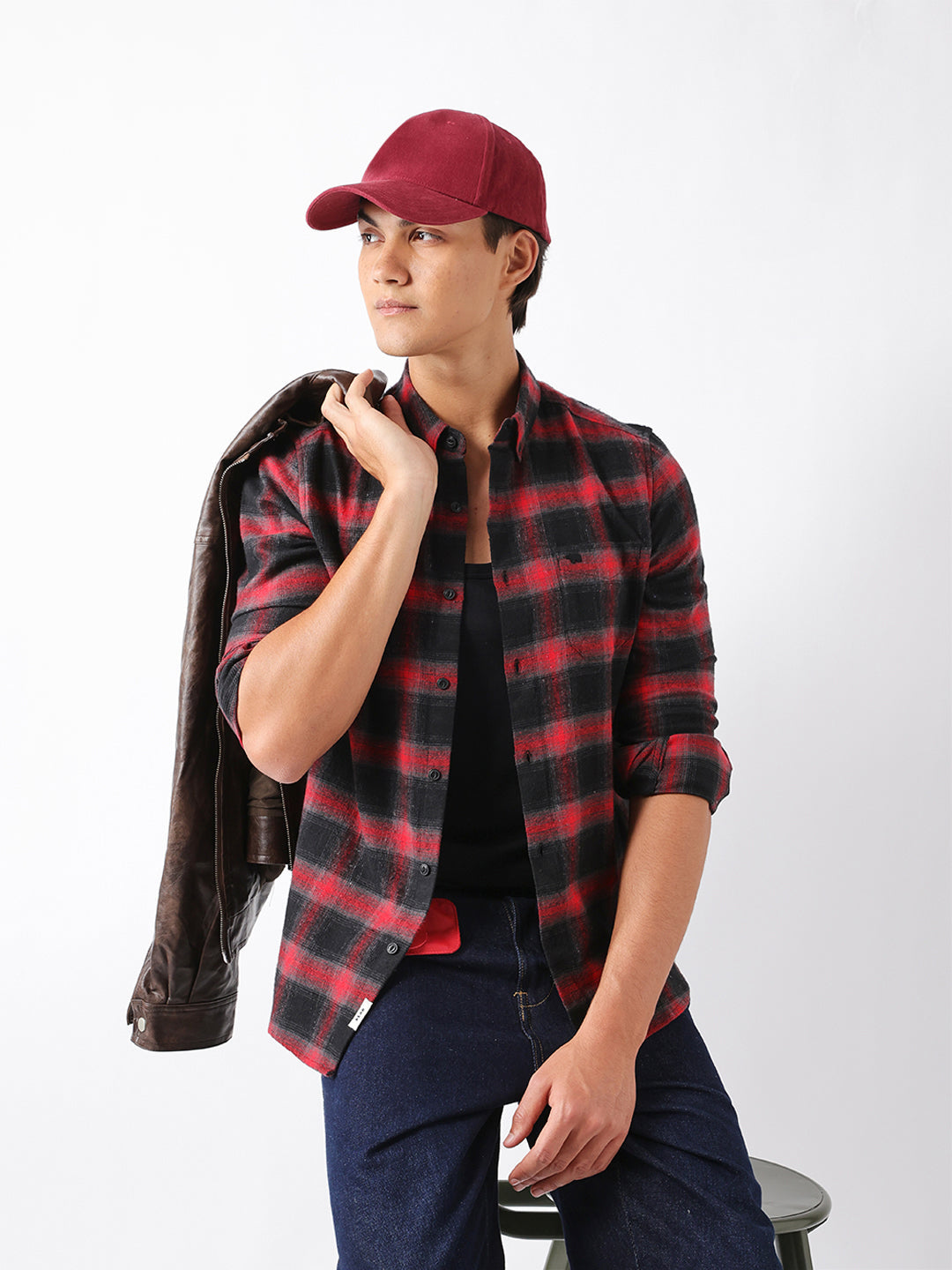 Red & Black Woven Check Flannel Slim Fit Casual Shirt