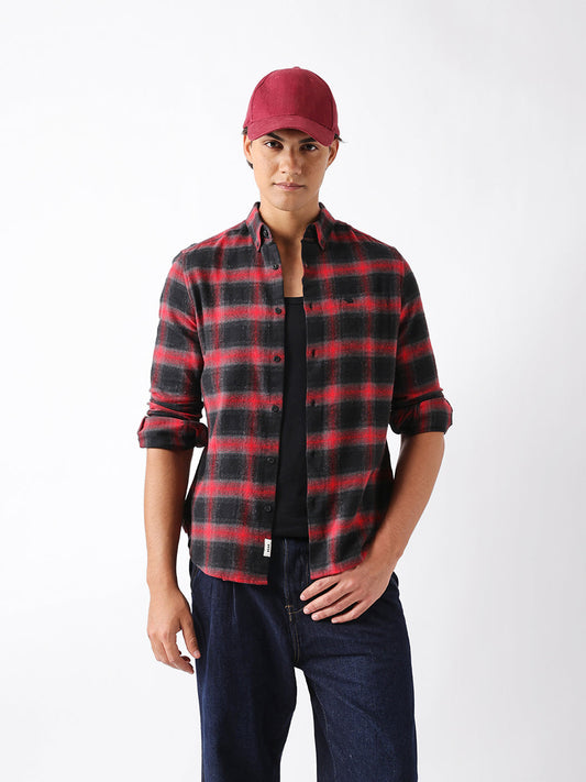 Red & Black Woven Check Flannel Slim Fit Casual Shirt
