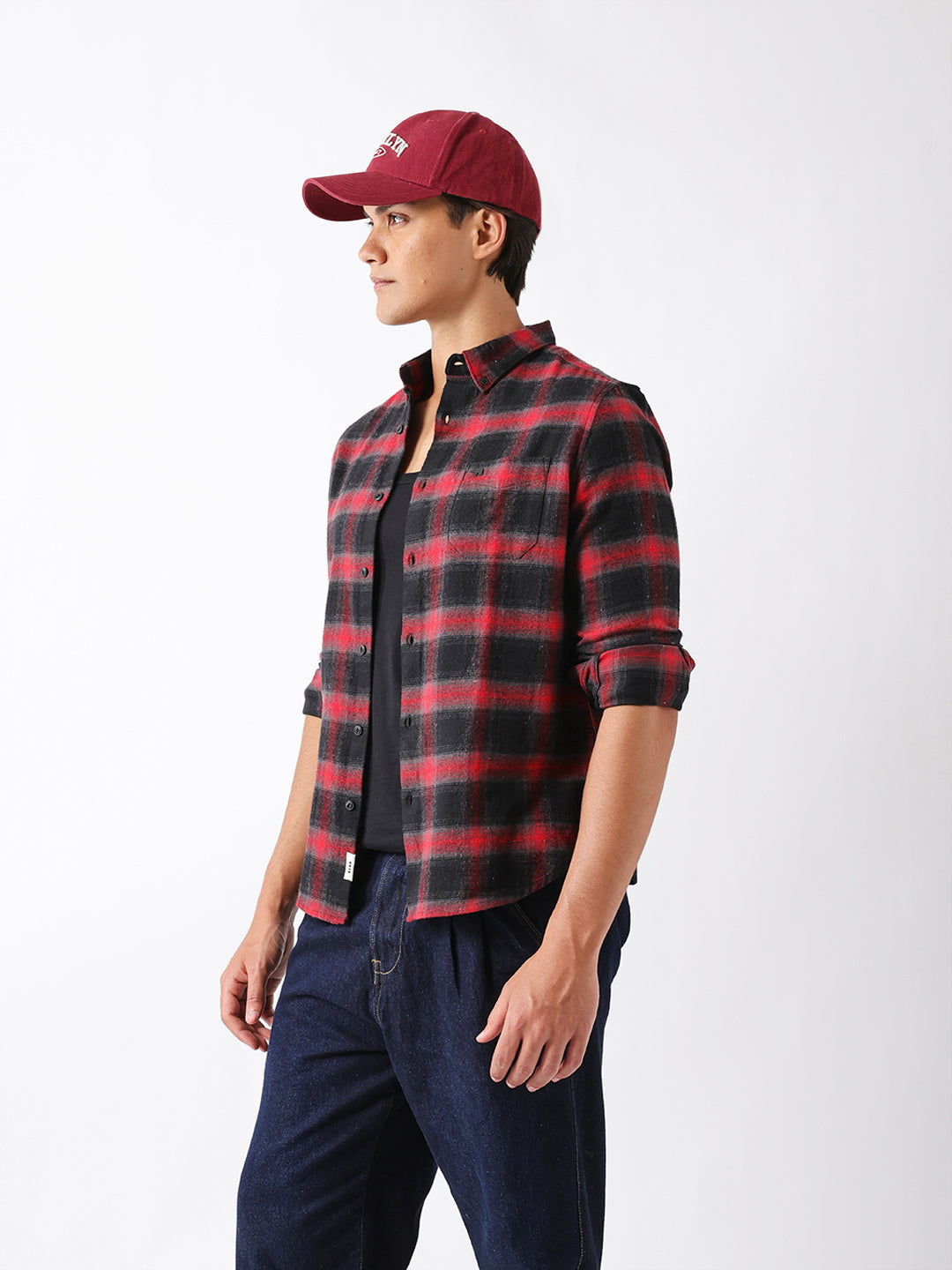 Red & Black Woven Check Flannel Slim Fit Casual Shirt