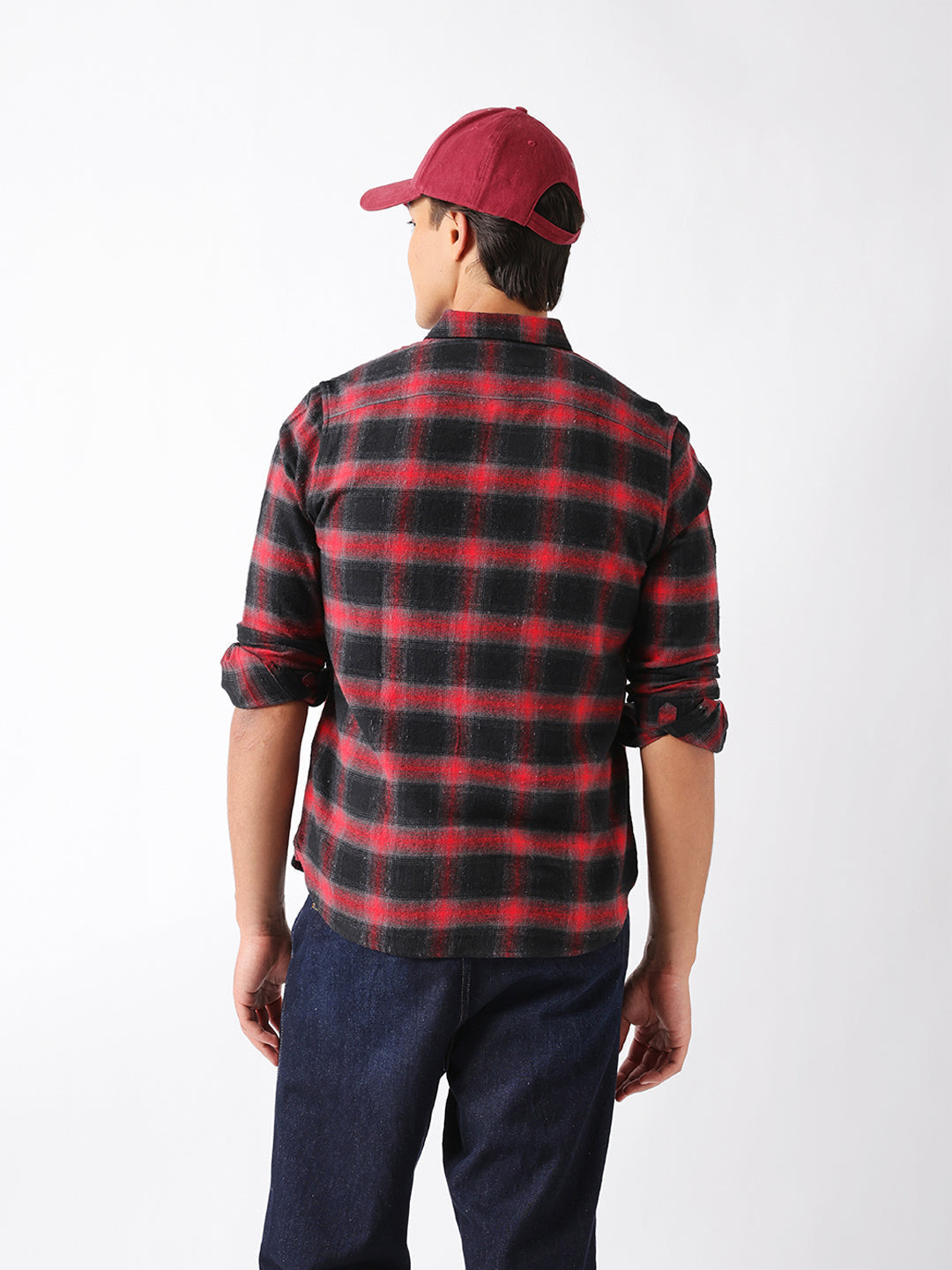 Red & Black Woven Check Flannel Slim Fit Casual Shirt