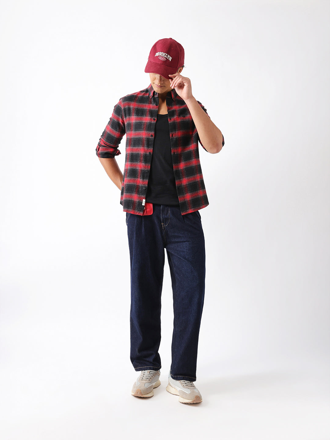 Red & Black Woven Check Flannel Slim Fit Casual Shirt