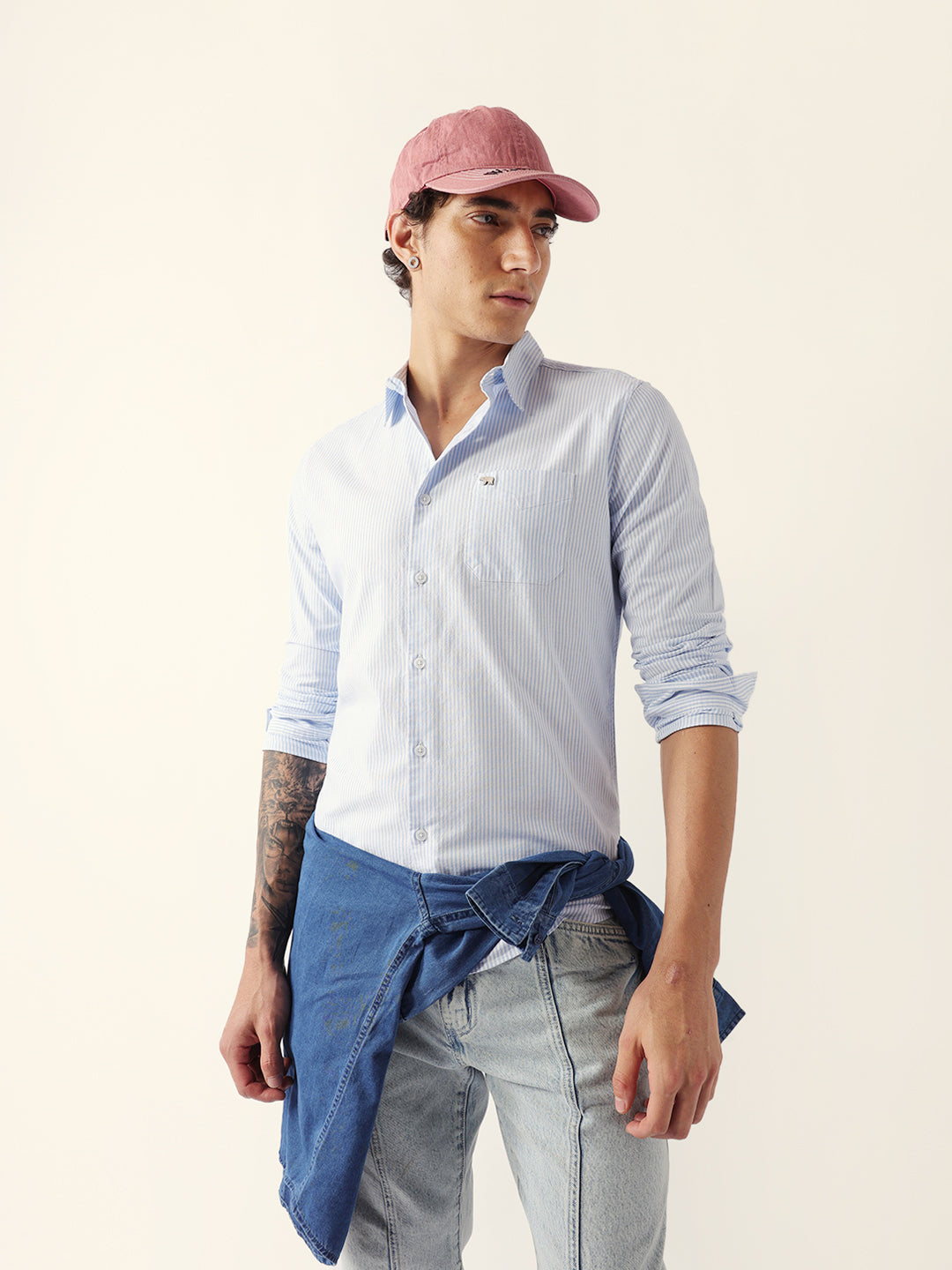 Blue Slim Fit Casual Shirt with White Vertical Stripes