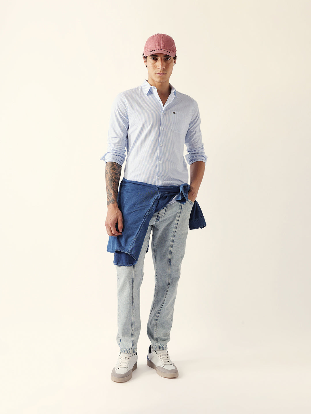 Blue Slim Fit Casual Shirt with White Vertical Stripes