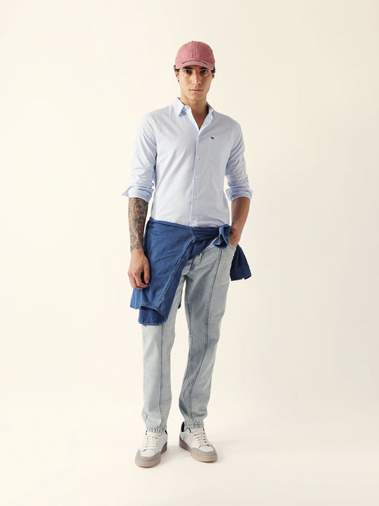 Blue Slim Fit Casual Shirt with White Vertical Stripes