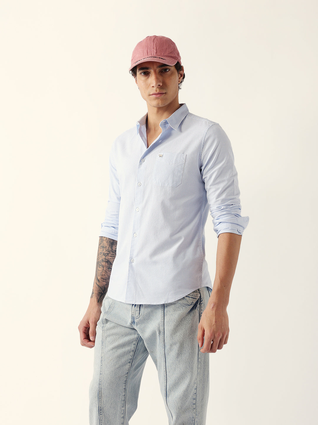 Blue Slim Fit Casual Shirt with White Vertical Stripes
