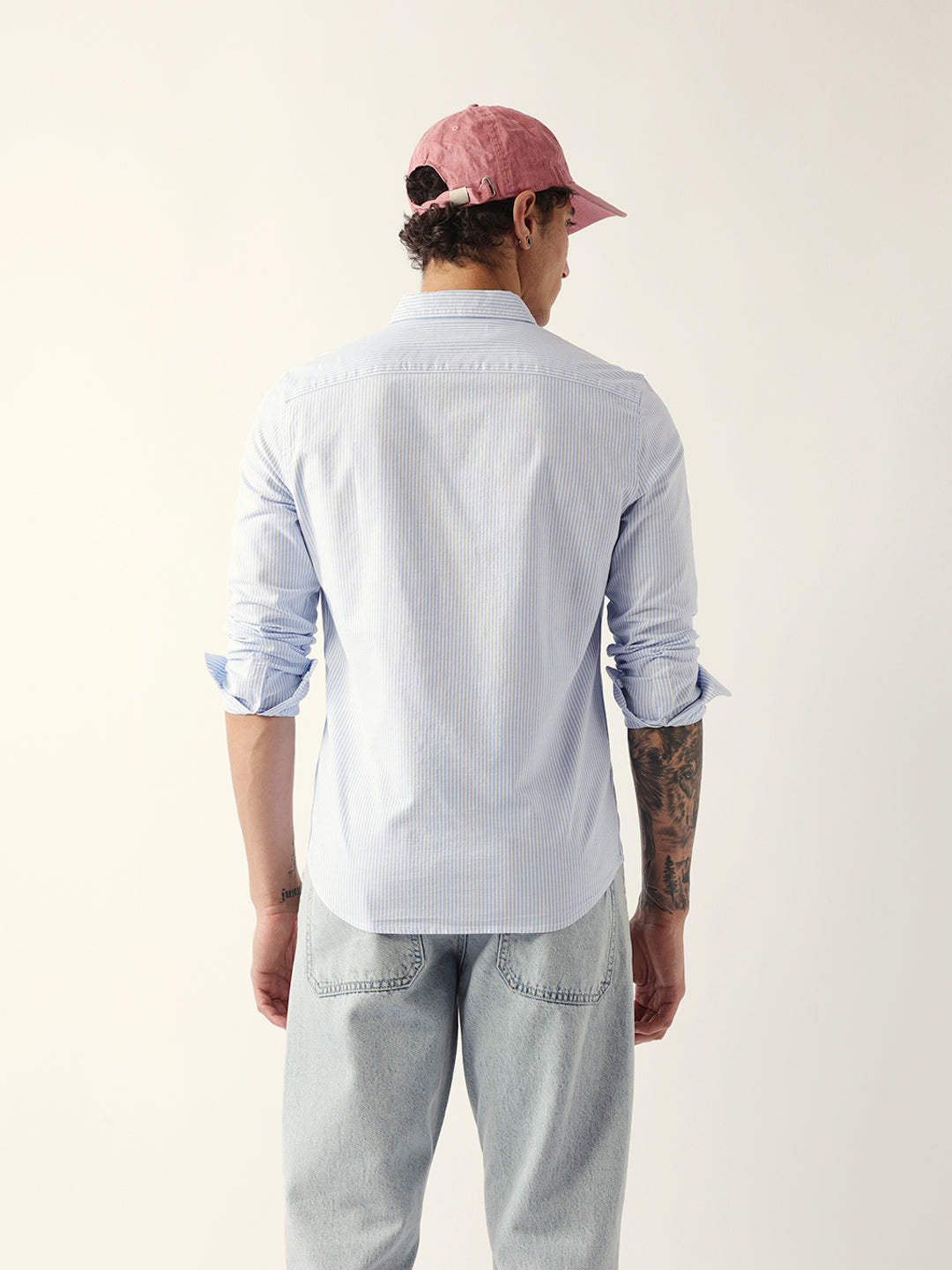 Blue Slim Fit Casual Shirt with White Vertical Stripes
