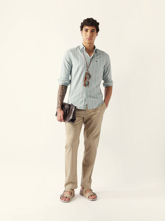 Light Green Vertical Pinstripe Slim Fit Casual Shirt
