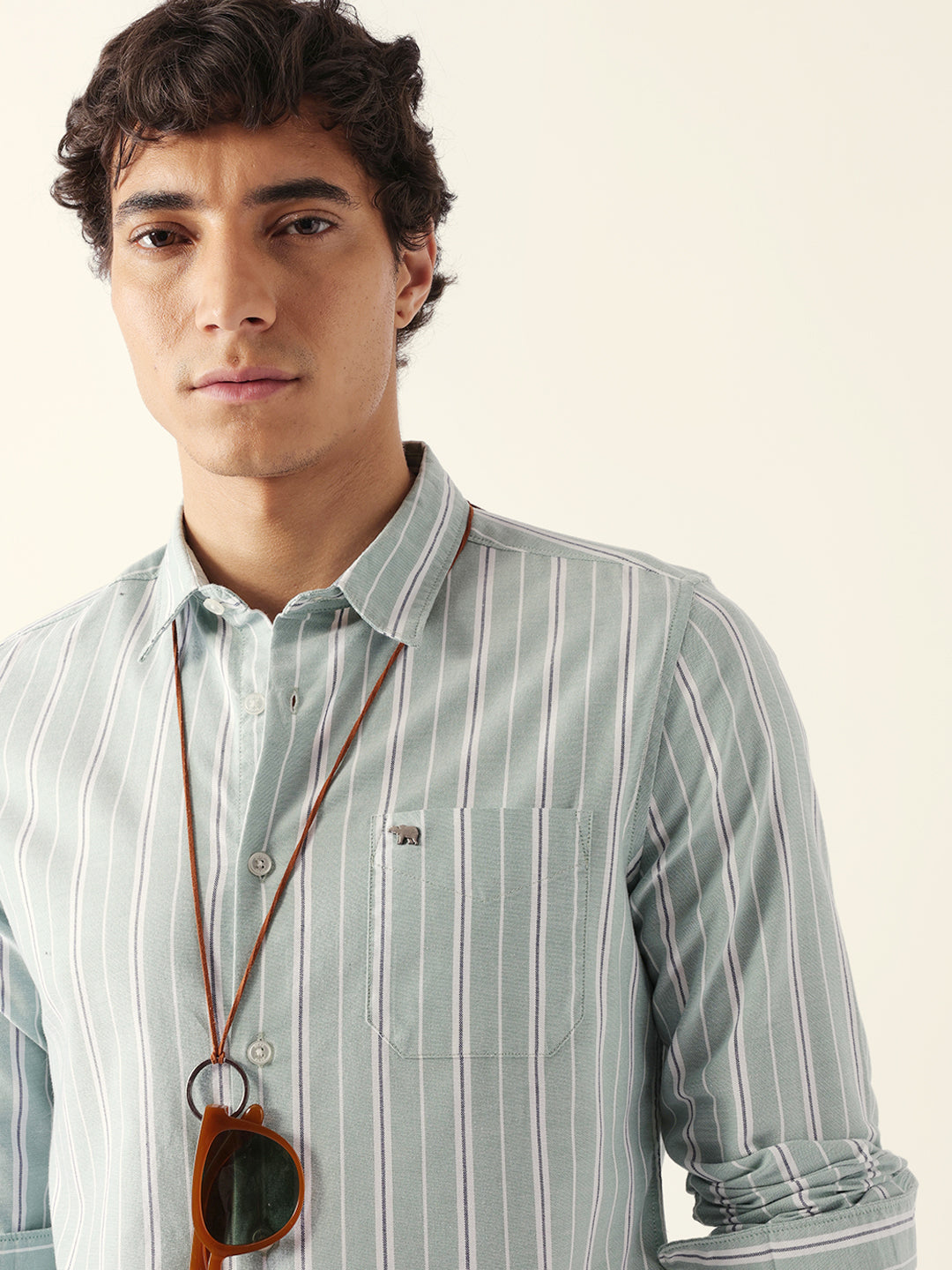 Light Green Vertical Pinstripe Slim Fit Casual Shirt