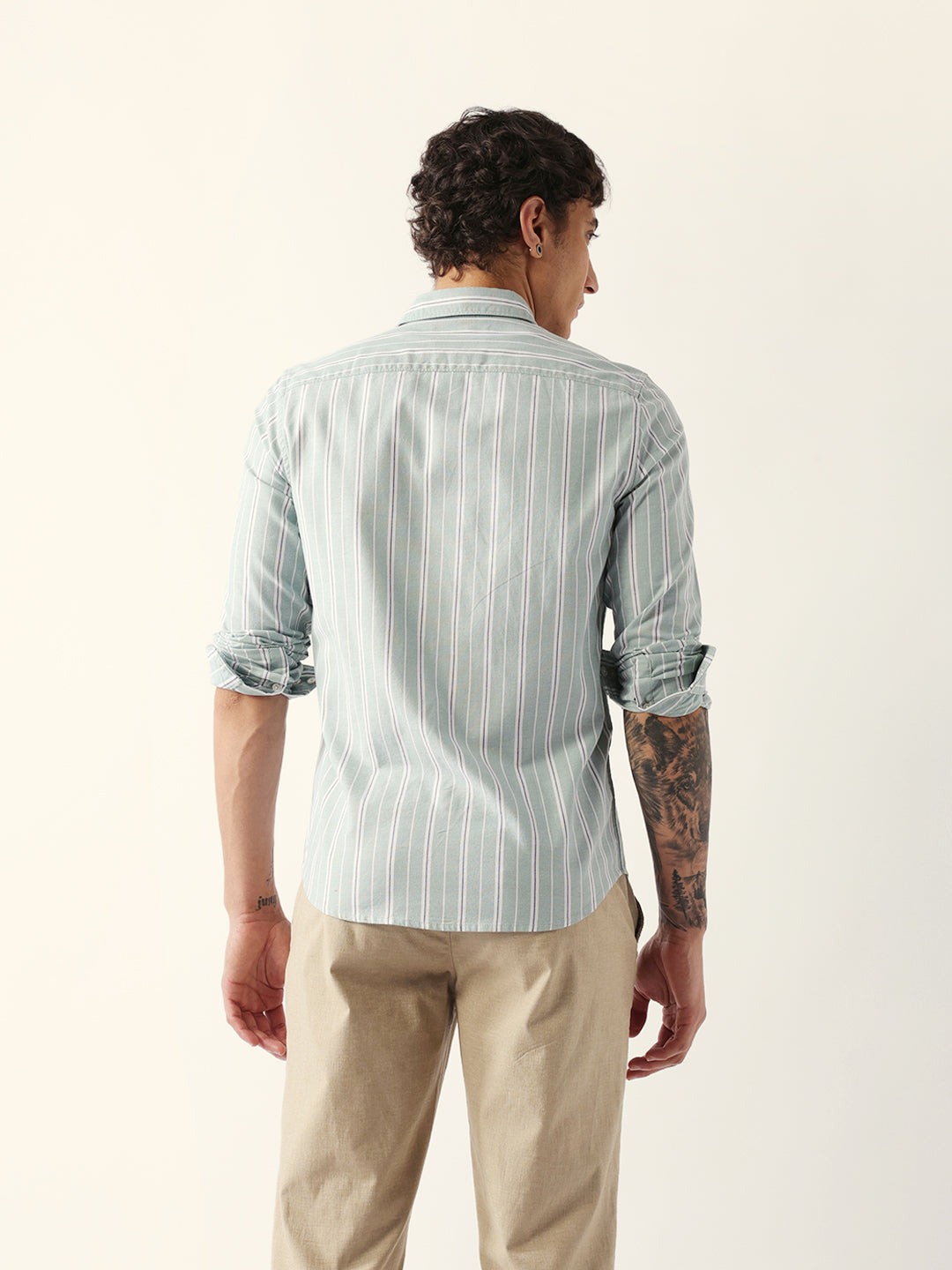 Light Green Vertical Pinstripe Slim Fit Casual Shirt