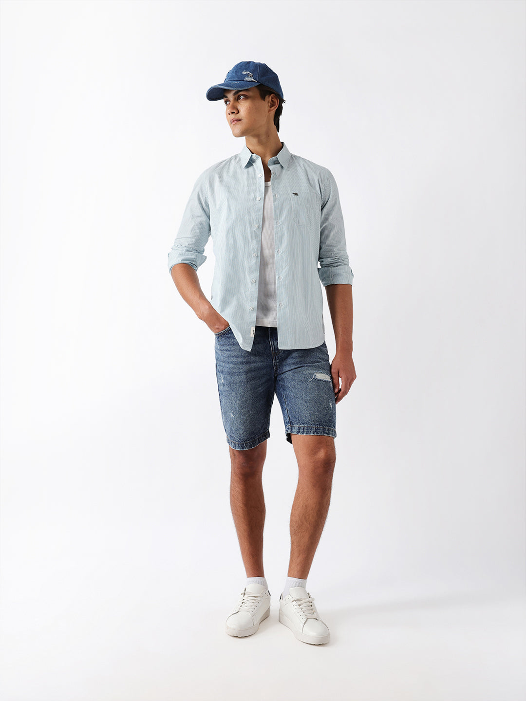 Blue Woven Vertical Pinstripe Slim Fit Casual Shirt