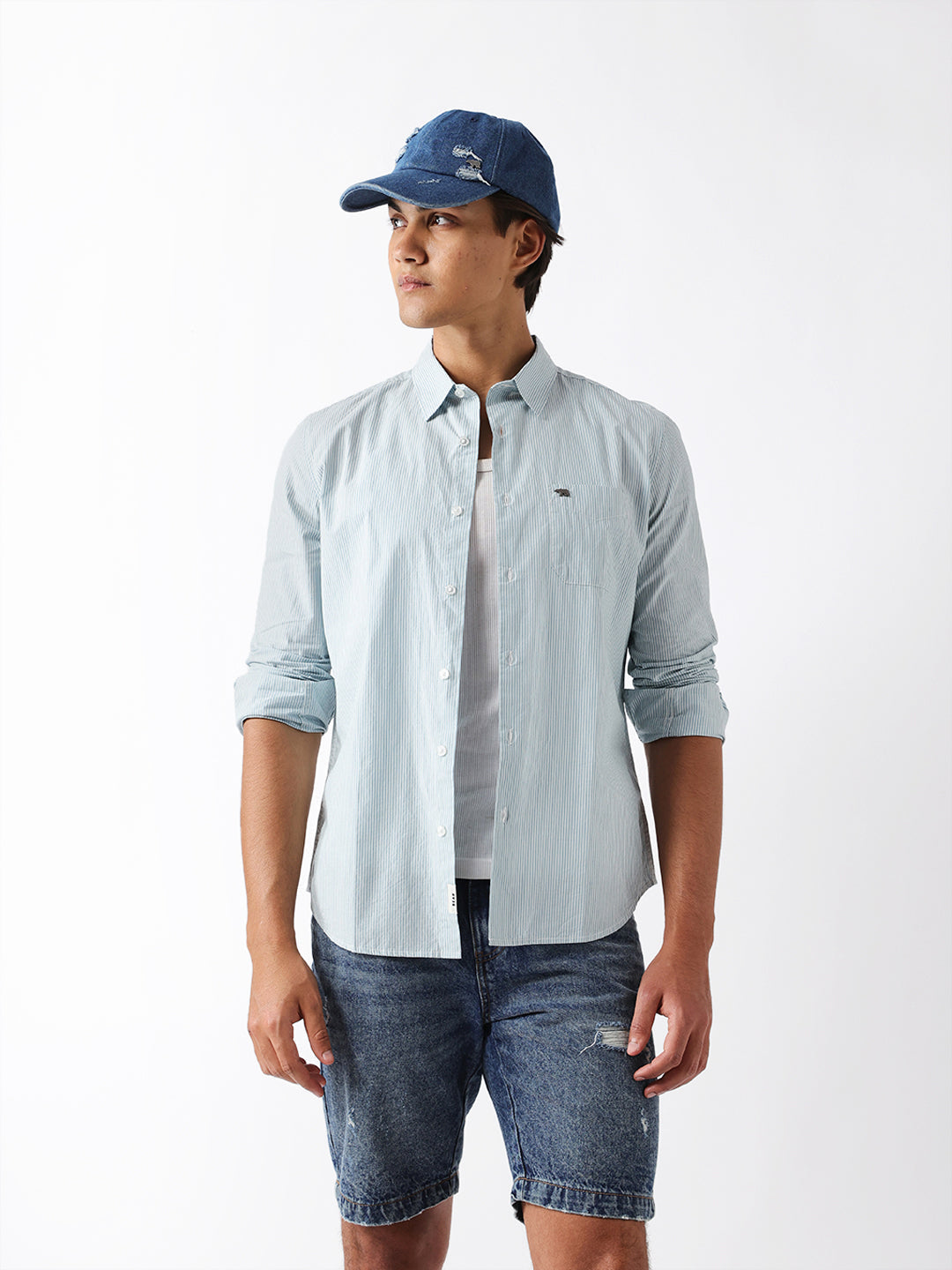 Blue Woven Vertical Pinstripe Slim Fit Casual Shirt