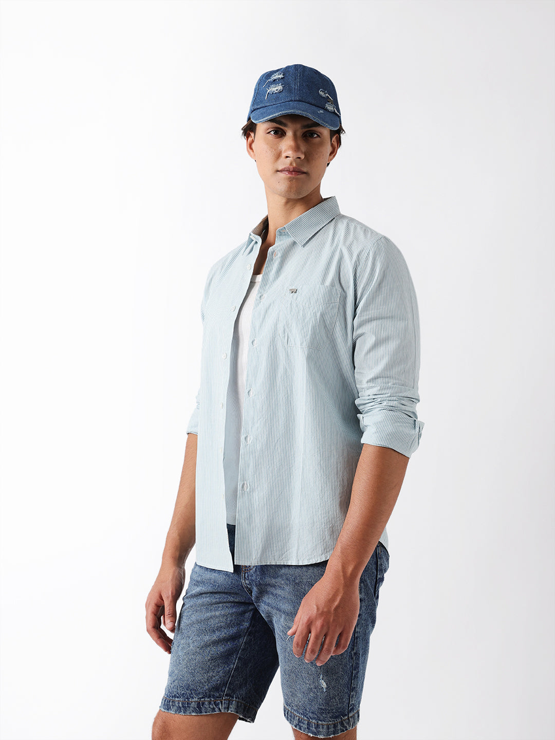 Blue Woven Vertical Pinstripe Slim Fit Casual Shirt