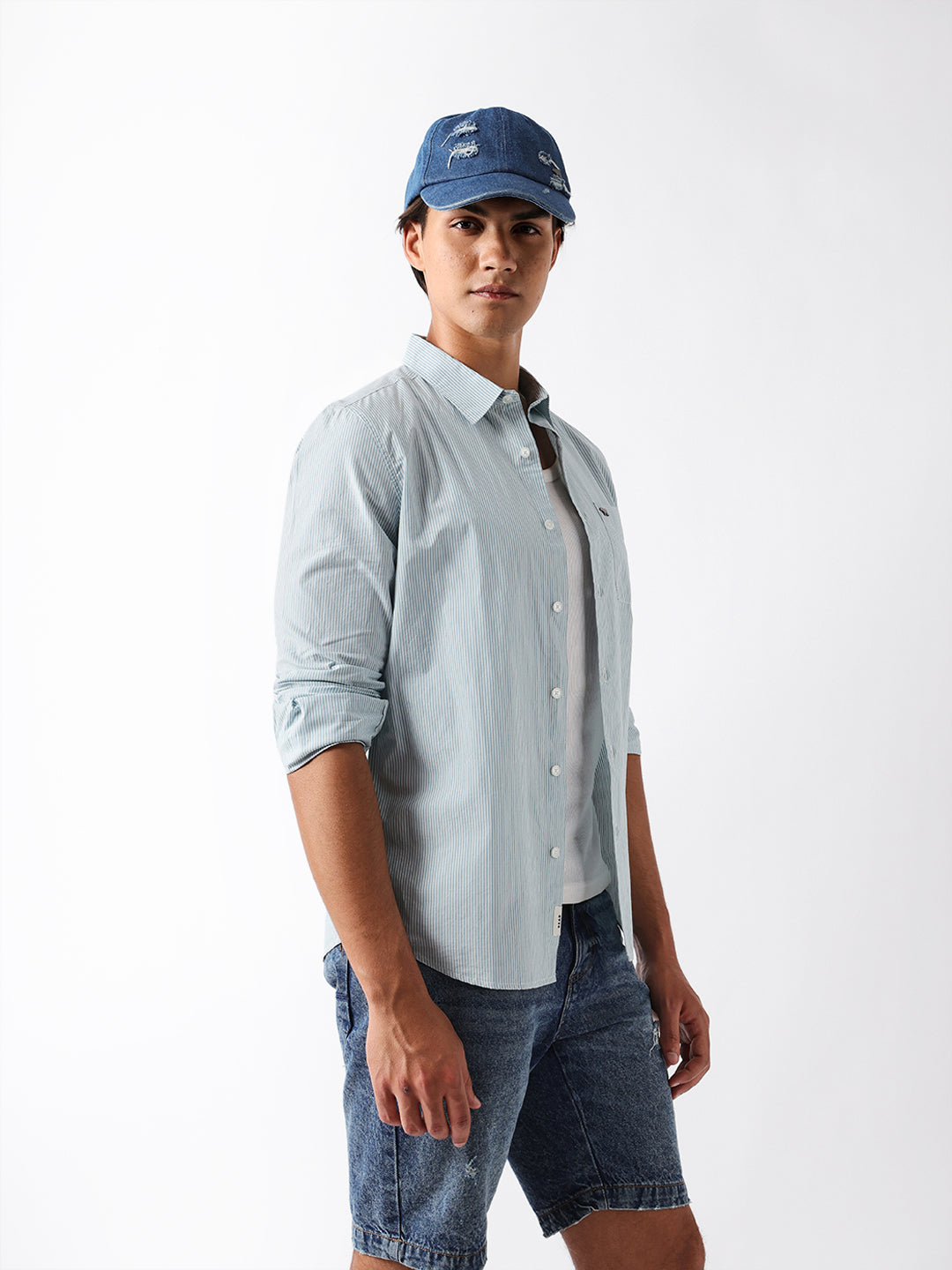 Blue Woven Vertical Pinstripe Slim Fit Casual Shirt