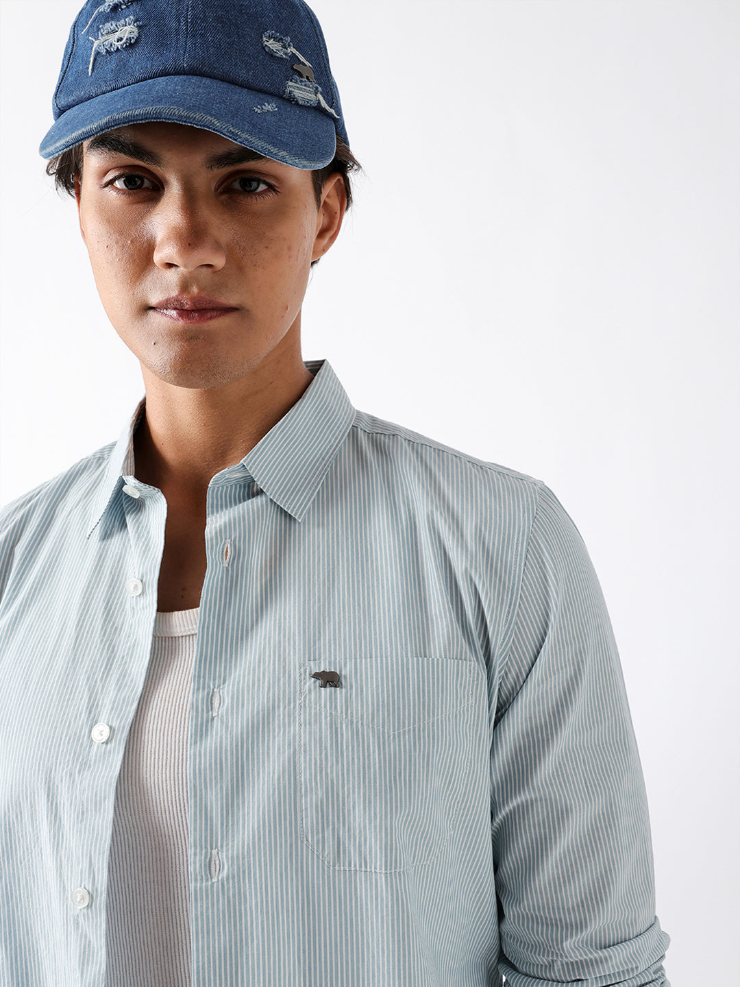 Blue Woven Vertical Pinstripe Slim Fit Casual Shirt