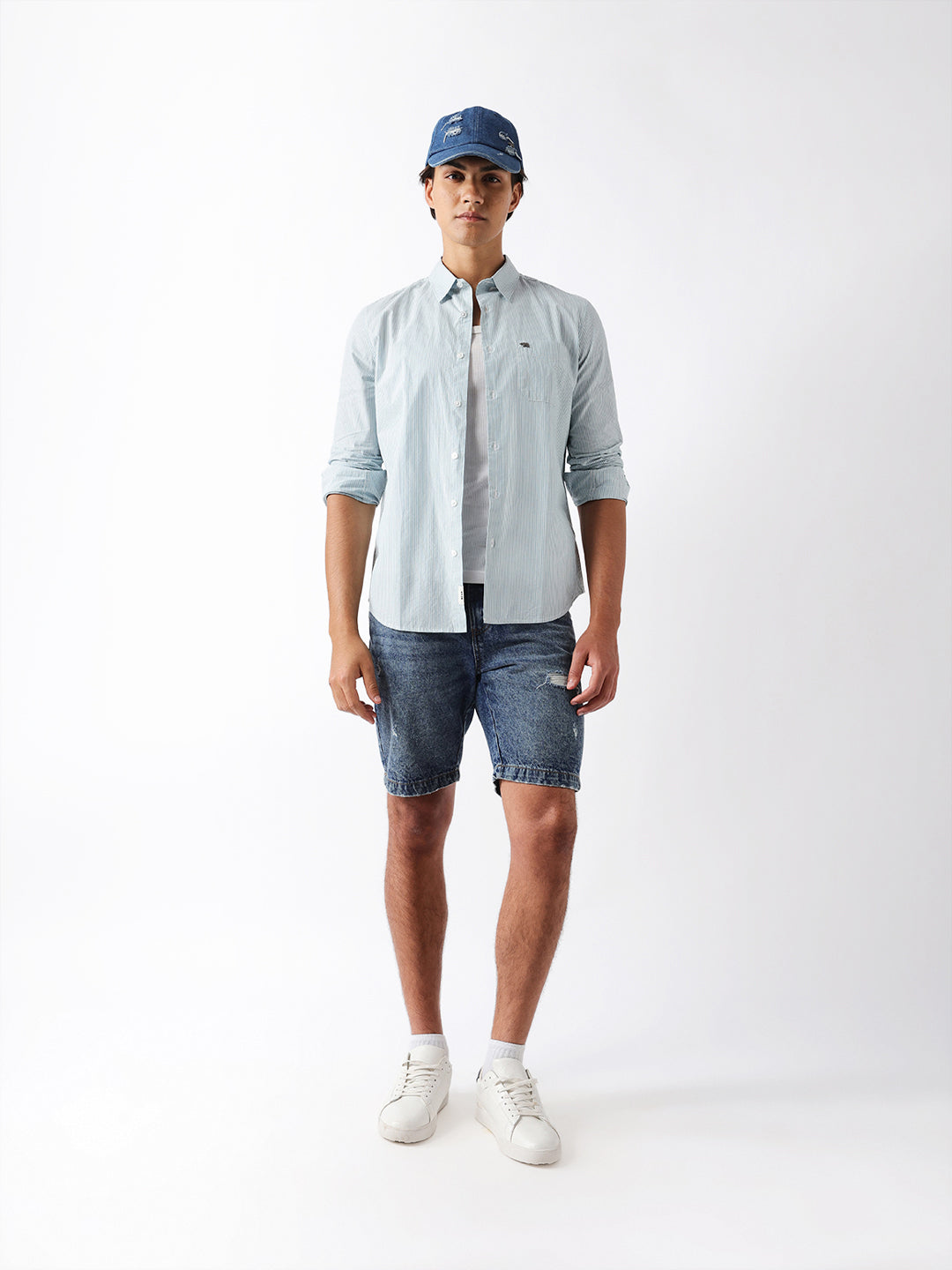 Blue Woven Vertical Pinstripe Slim Fit Casual Shirt