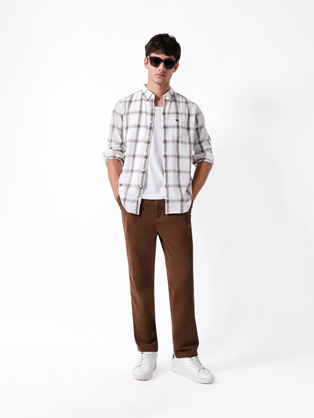 White & Brown Woven Checked Slim Fit Casual Shirt