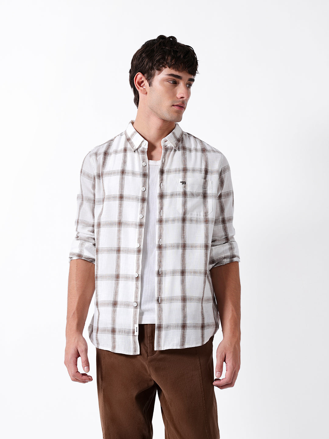 White & Brown Woven Checked Slim Fit Casual Shirt