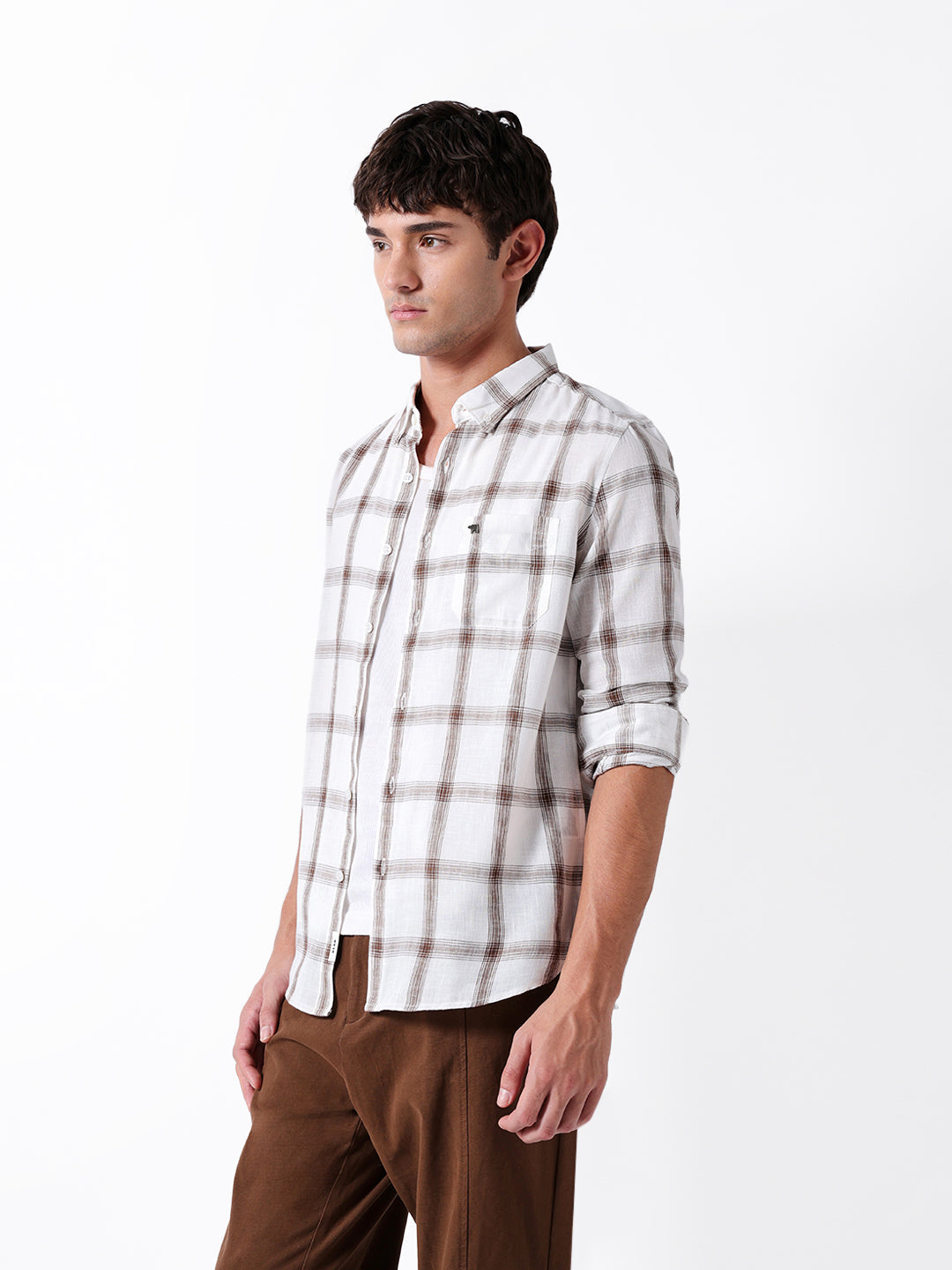 White & Brown Woven Checked Slim Fit Casual Shirt