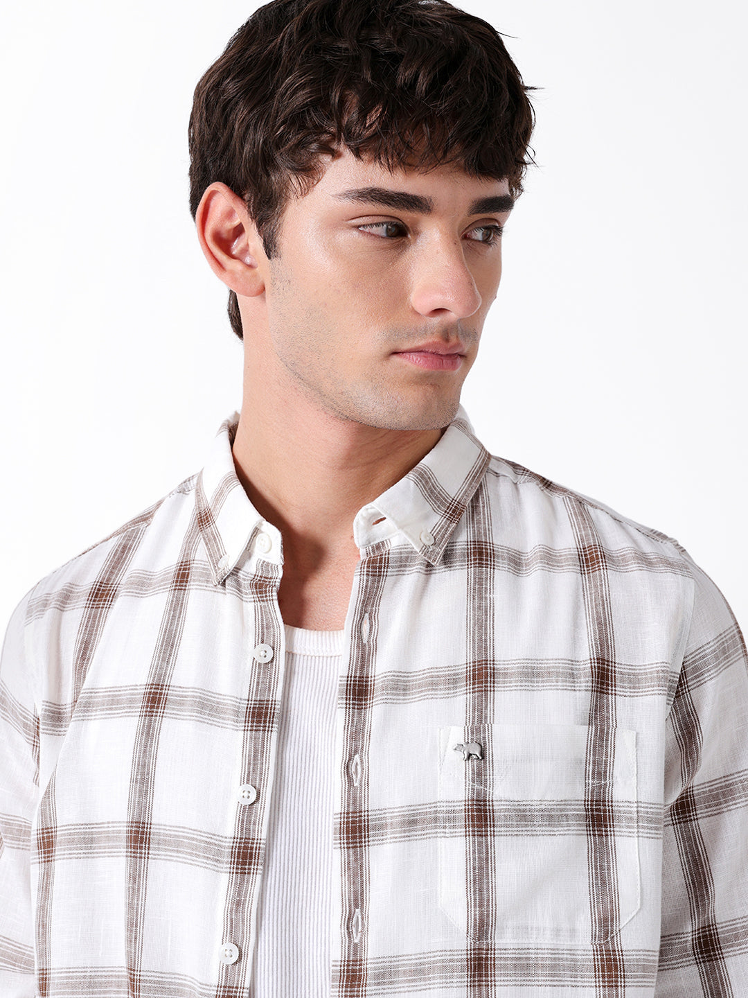 White & Brown Woven Checked Slim Fit Casual Shirt