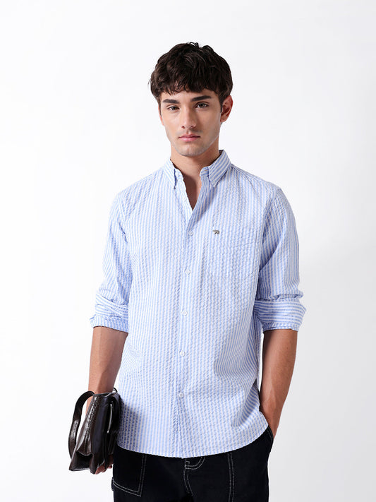 Blue & White Vertical Crinkled Pinstripe Slim Fit Casual Shirt