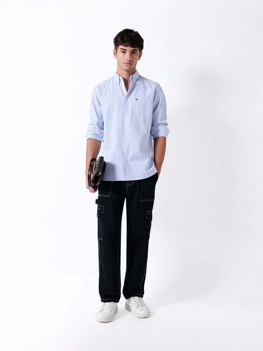 Blue & White Vertical Crinkled Pinstripe Slim Fit Casual Shirt