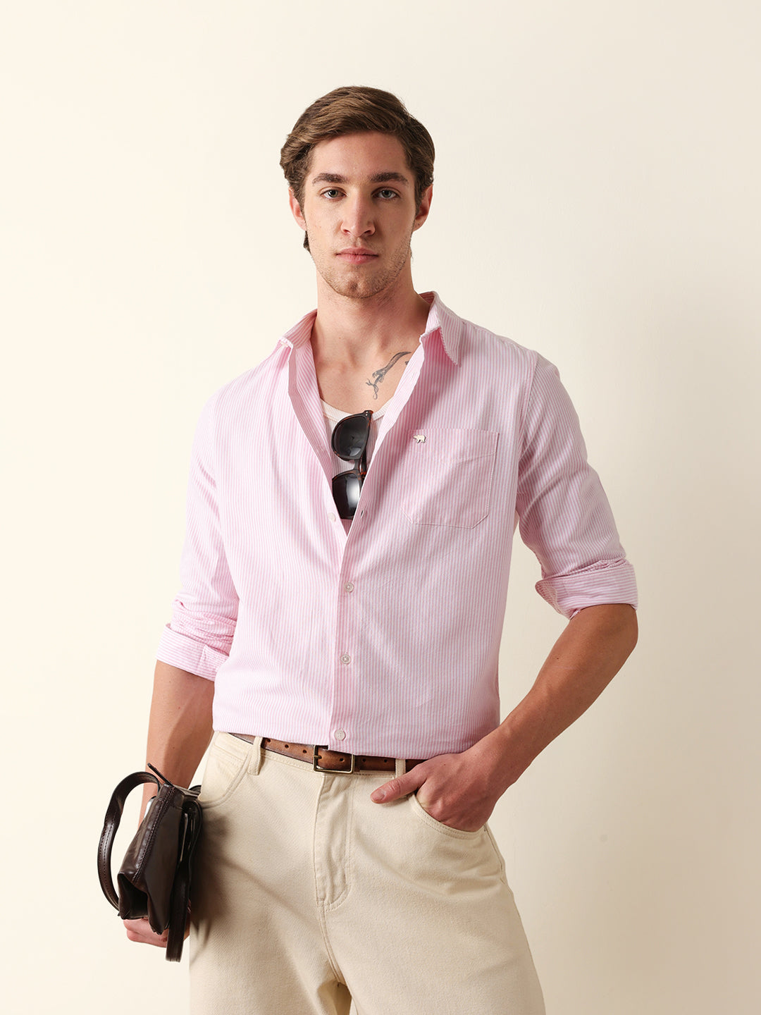 Pink & White Vertical Woven Pinstriped Slim Fit Casual Shirt