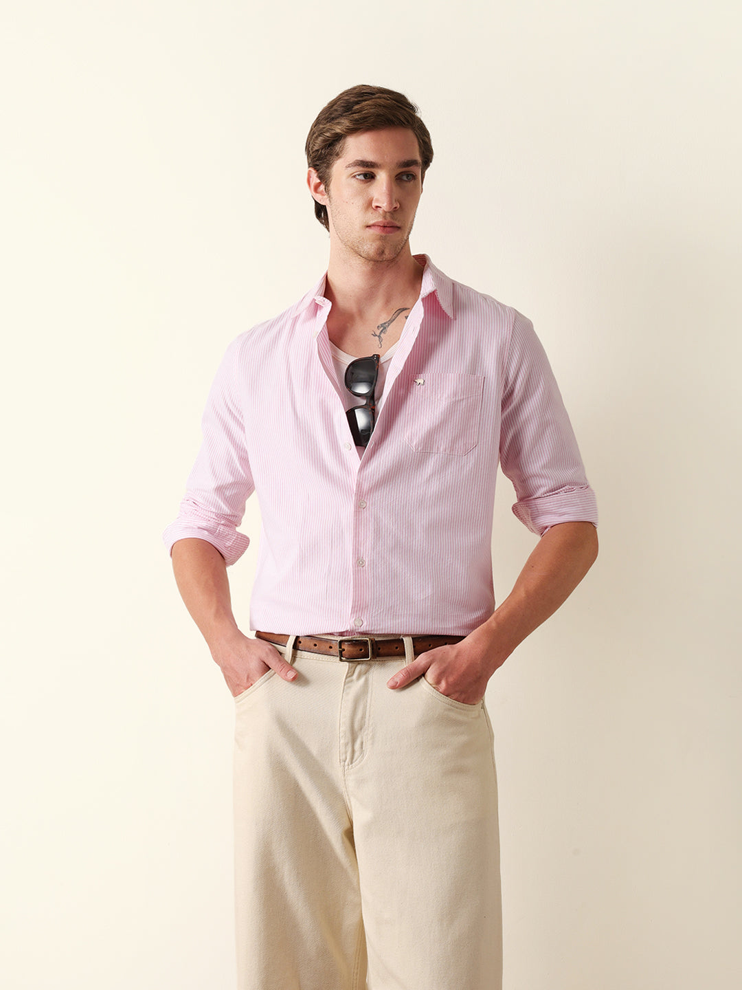 Pink & White Vertical Woven Pinstriped Slim Fit Casual Shirt