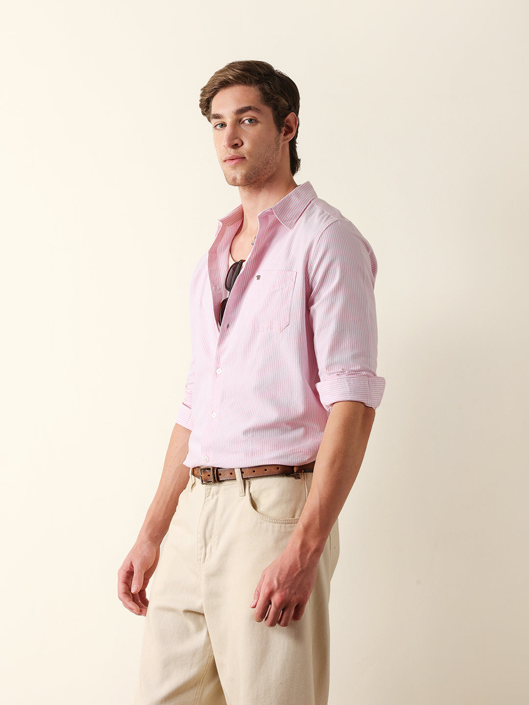 Pink & White Vertical Woven Pinstriped Slim Fit Casual Shirt