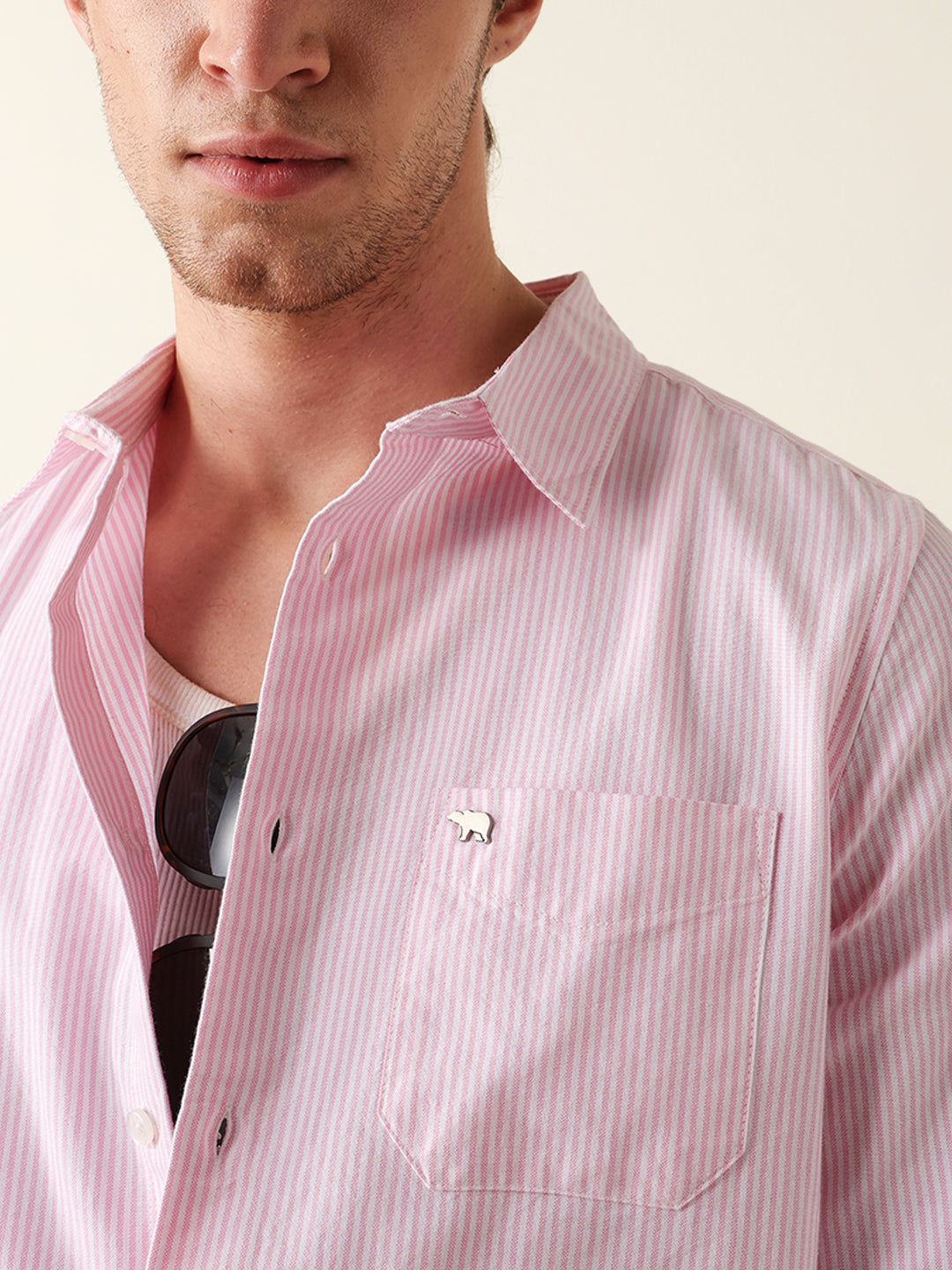 Pink & White Vertical Woven Pinstriped Slim Fit Casual Shirt