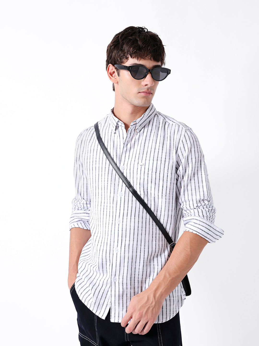 White Slim Fit Casual Shirt with Woven Vertical Stripes